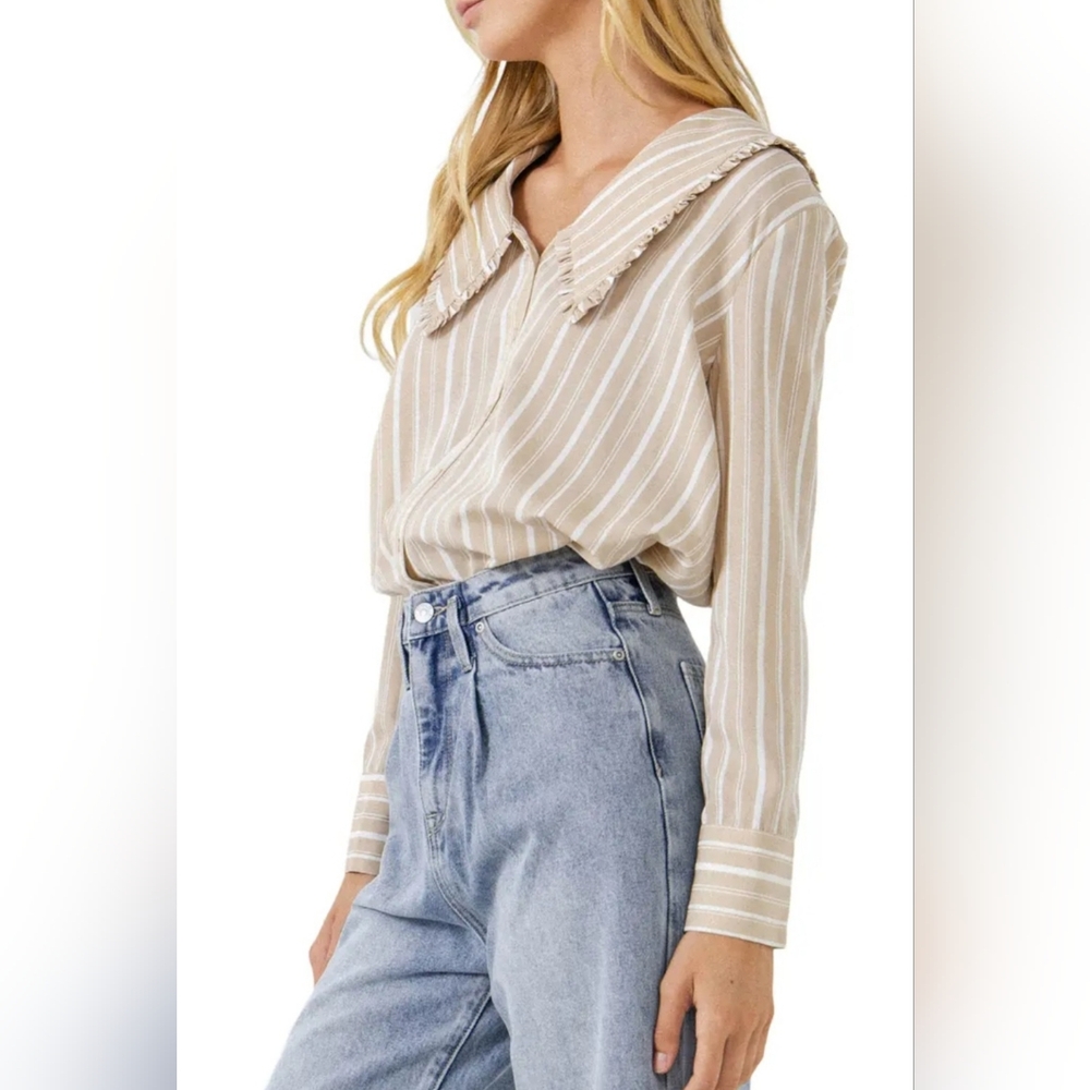 English Factory Beige and White Striped Button Down Shirt